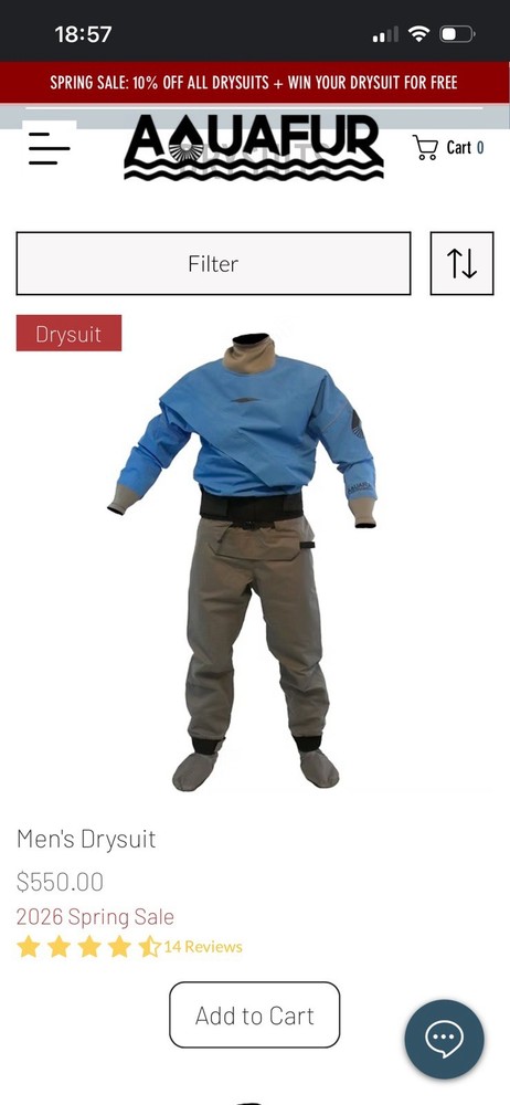Aquafur Dry Suit. Size Large. Excellent Condition.