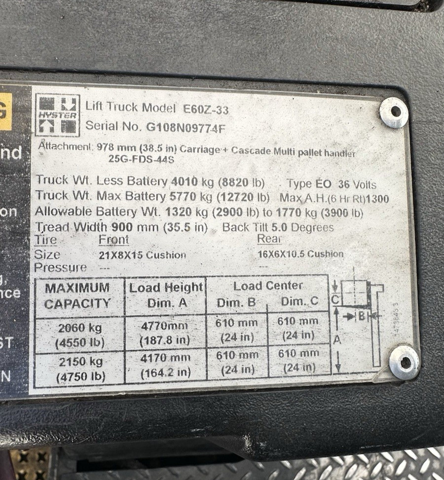 Hyster E60Z 6000LBS Forklift with CASCADE Multiple Load or Single-Double Pallet