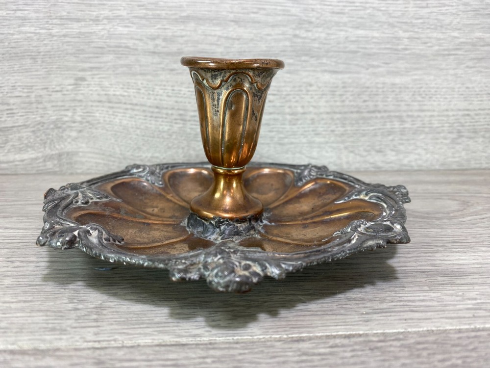 Antique Rococo Style Silver-Plated Chamberstick Candlestick, Copper Base, 15cm