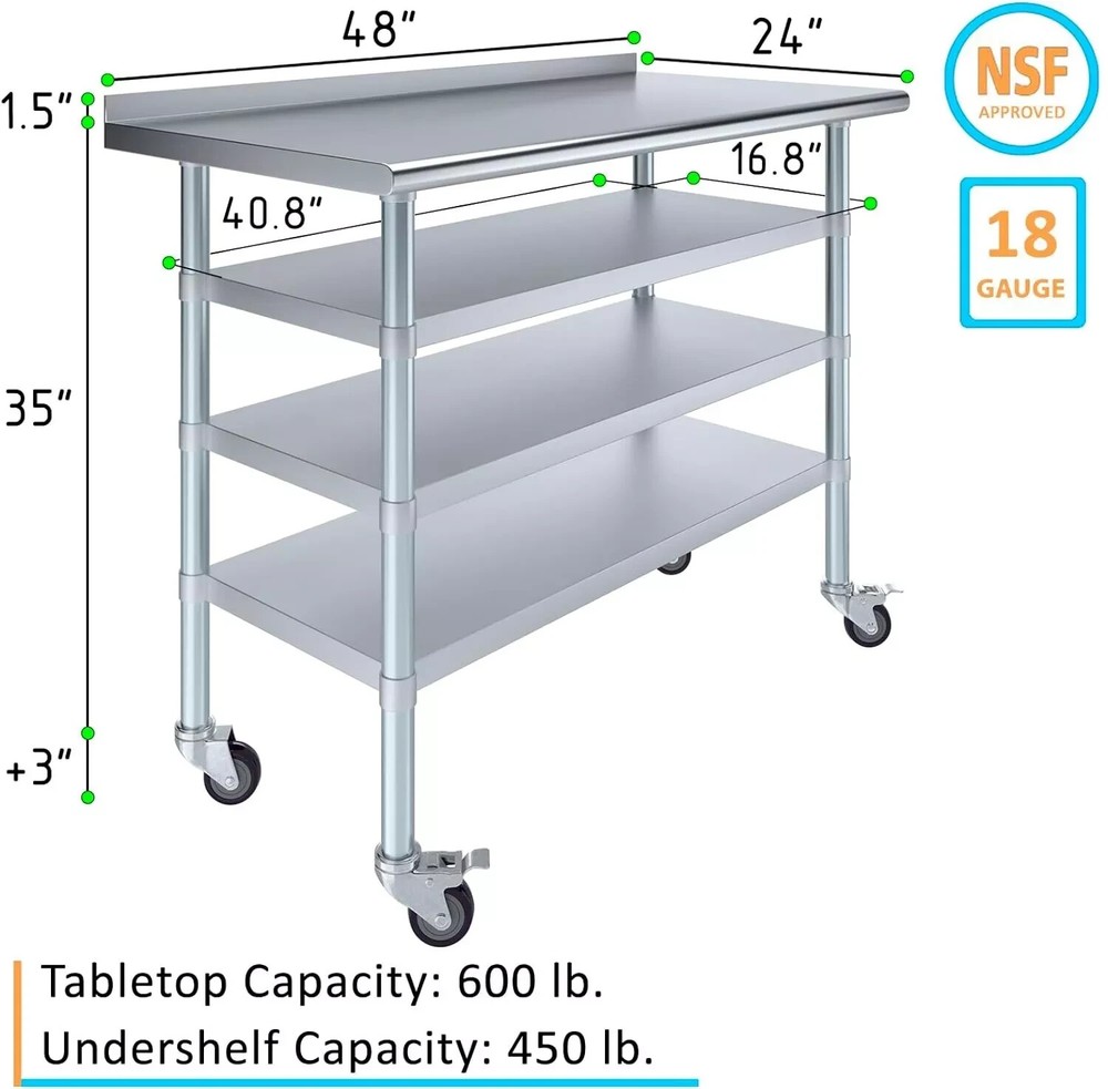 Restaurant Kitchen Work Commercial Worktable, NSF Stainless Steel Table 48"x 24"