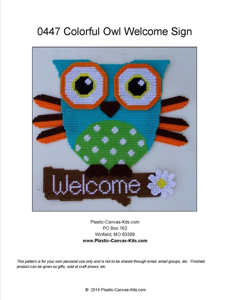 Colorful Owl Welcome Sign- Plastic Canvas Pattern or Kit
