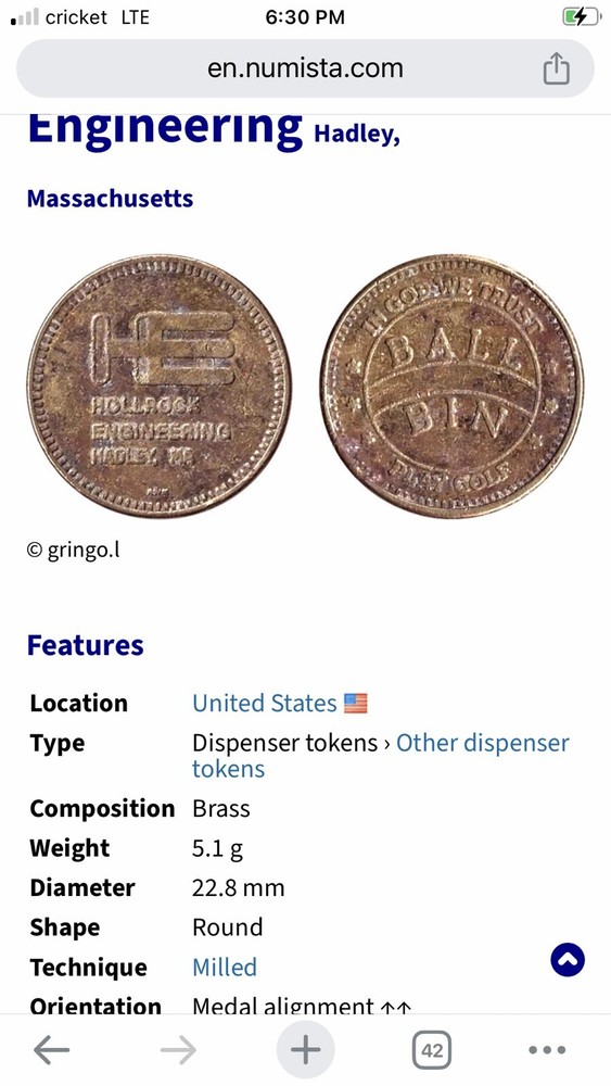 Advertisement Token - Hollrock Engineering Ball Bin - Hadley, Massachusetts