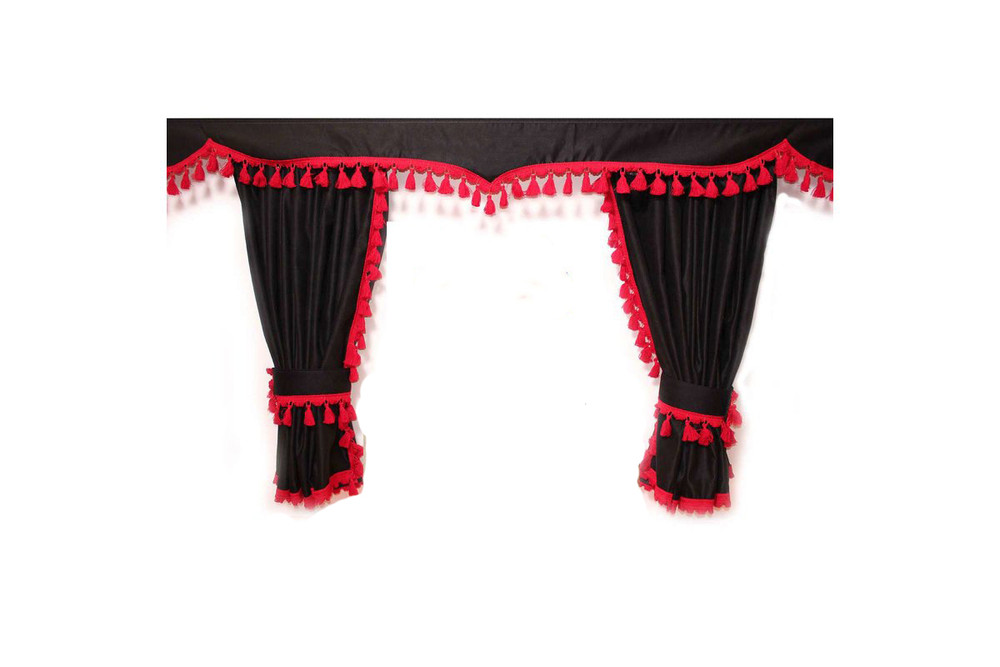 Black with Red Fringe Large Curtains Windshield + Forehead Double Thick Fabric