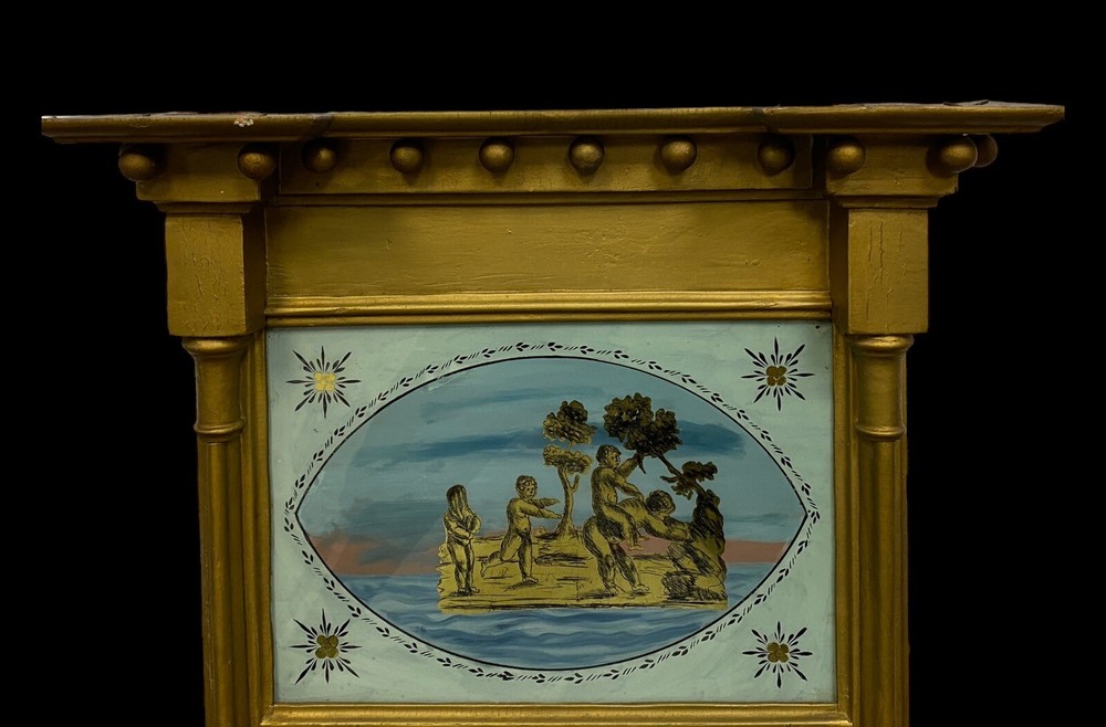 Antique Georgian Reverse Painted Cherubs Neoclassical Wall Mirror