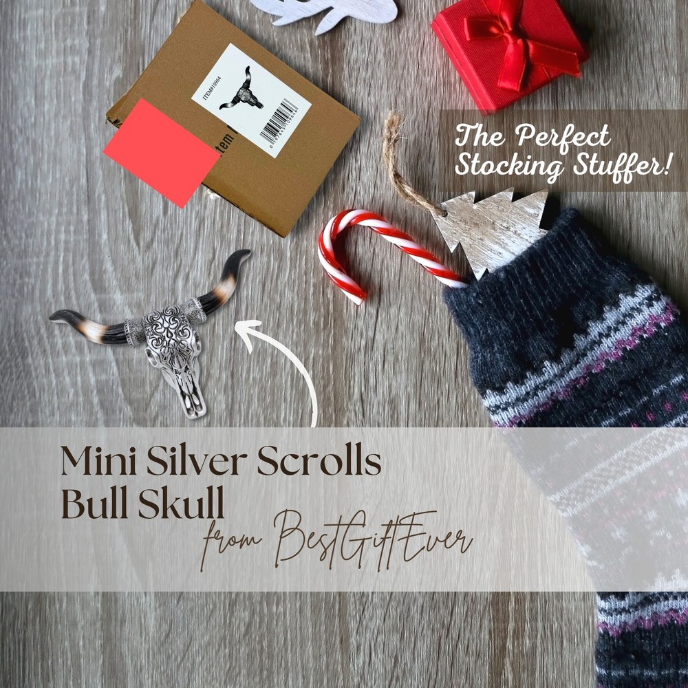 Mini Tooled Bull Skull Wall Sculpture | Silver Scrolls Design