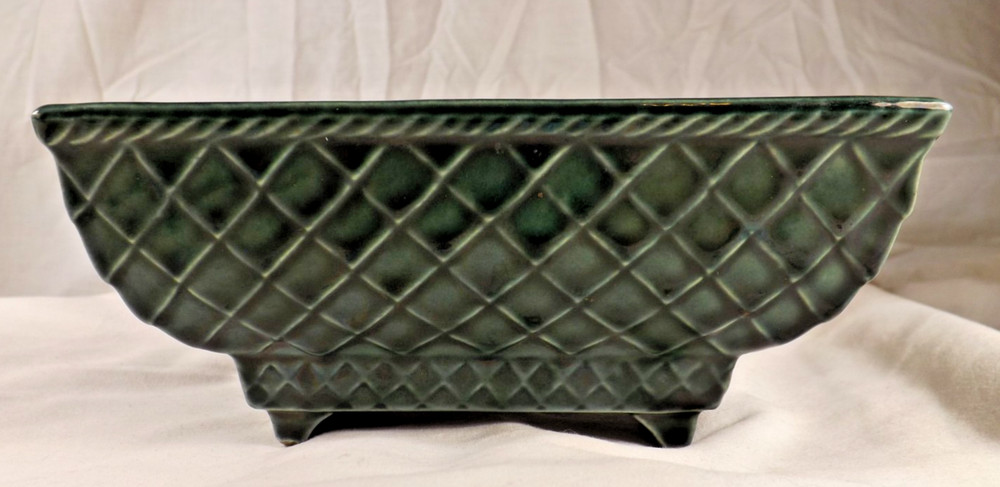 Dark Green Crosshatch Rectangular Footed Planter Bonsai USA Pottery  404