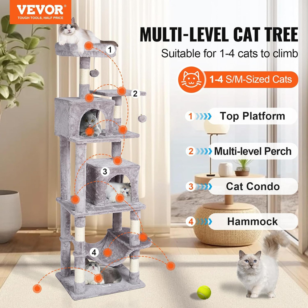 Deluxe 63" Cat Tree with Condos, Hammock, Scratching Post & Perch - Light Grey