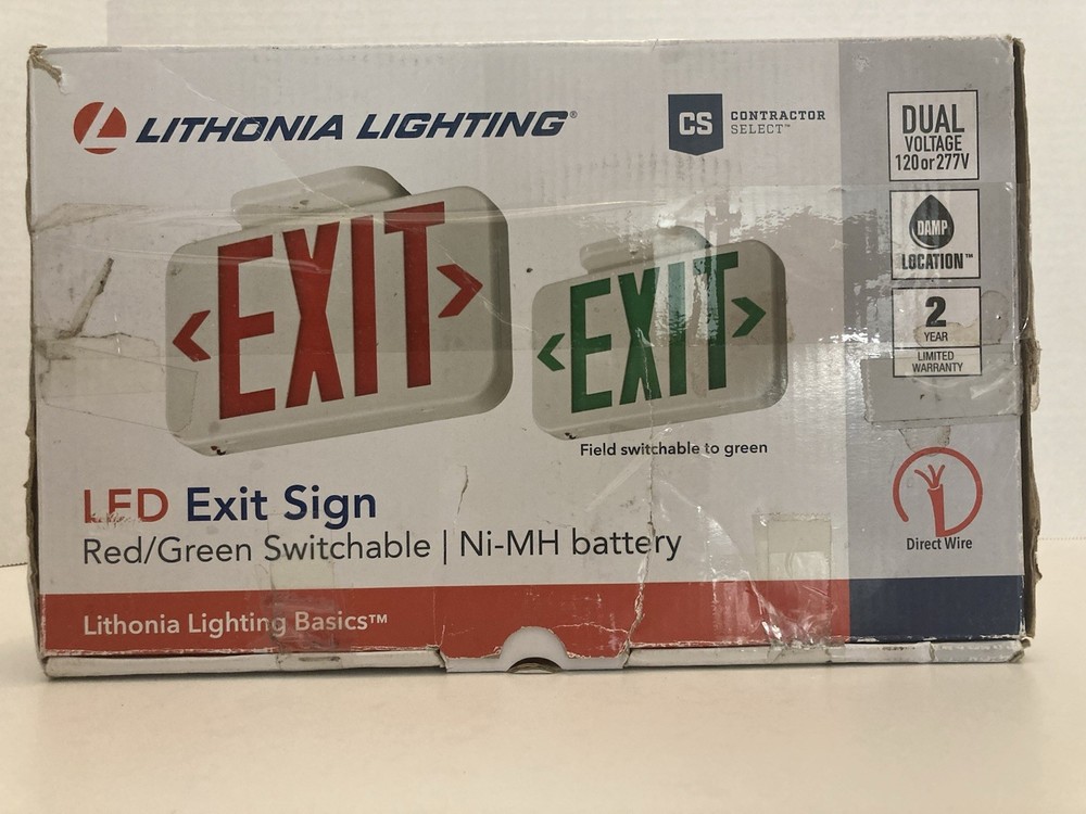 Lithonia Lighting LED Exit Sign Red Green Switchable Ni-MH Battery Double Face