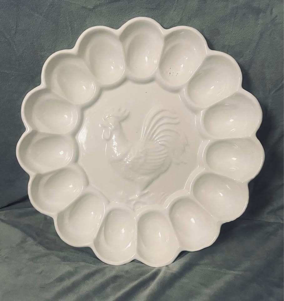 White Ceramic Easter Deviled Egg Platter with Rooster Design