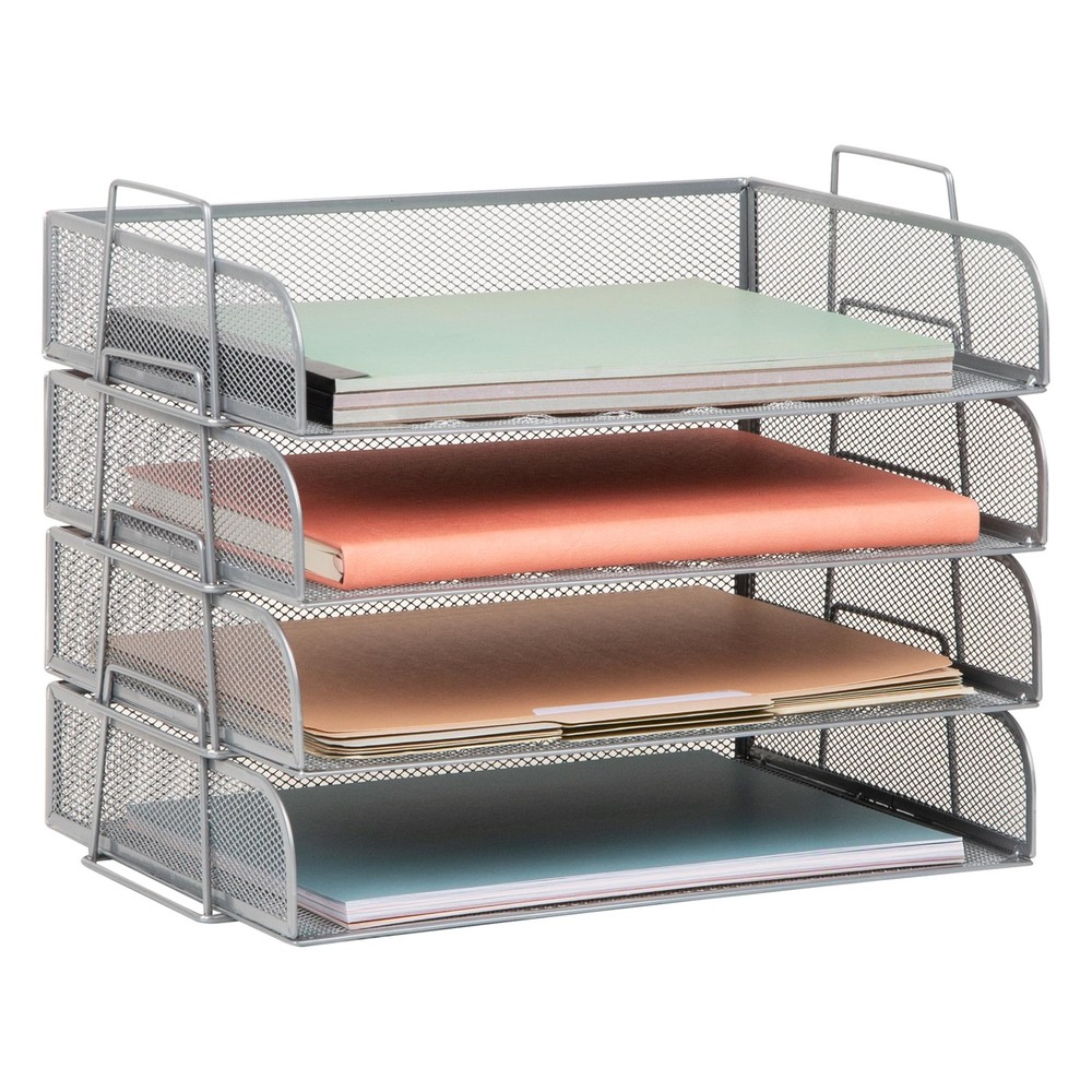 Stackable Tray, Desktop Organizer, File Storage, Office, Metal Mesh, 4 Pcs., ...
