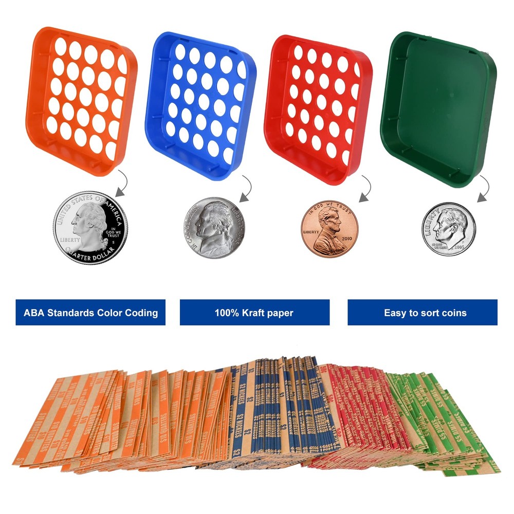 ESSENTIAL Coin Sorters Tray, 4 Color-Coded Sorting Tray with 160...