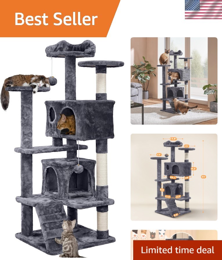 54in Cat Tree, Multi-Level Cat Tower with Spacious Kitten-ear Perch, 2 Cozy C...