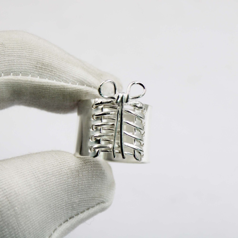 Solid 925 Sterling Silver Wire Wrap Ribcage Bow Ring Wide Band Handmade For Her