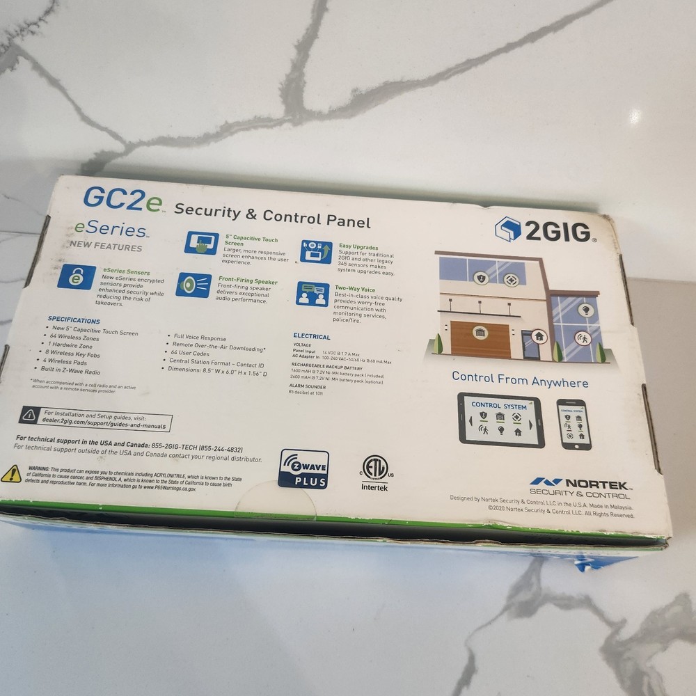 2GIG GC2e Security & Control Panel, 5" Touch Screen, Z-Wave Plus, Two-Way Voice