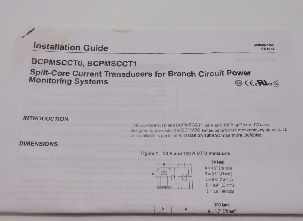 Schneider Electric BCPMSSCCTOR20 6-Pack 50A Split-Core Current Transformers