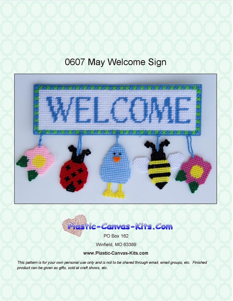 May Welcome Sign-flowers, bee, bird, ladybug--Plastic Canvas Pattern or Kit