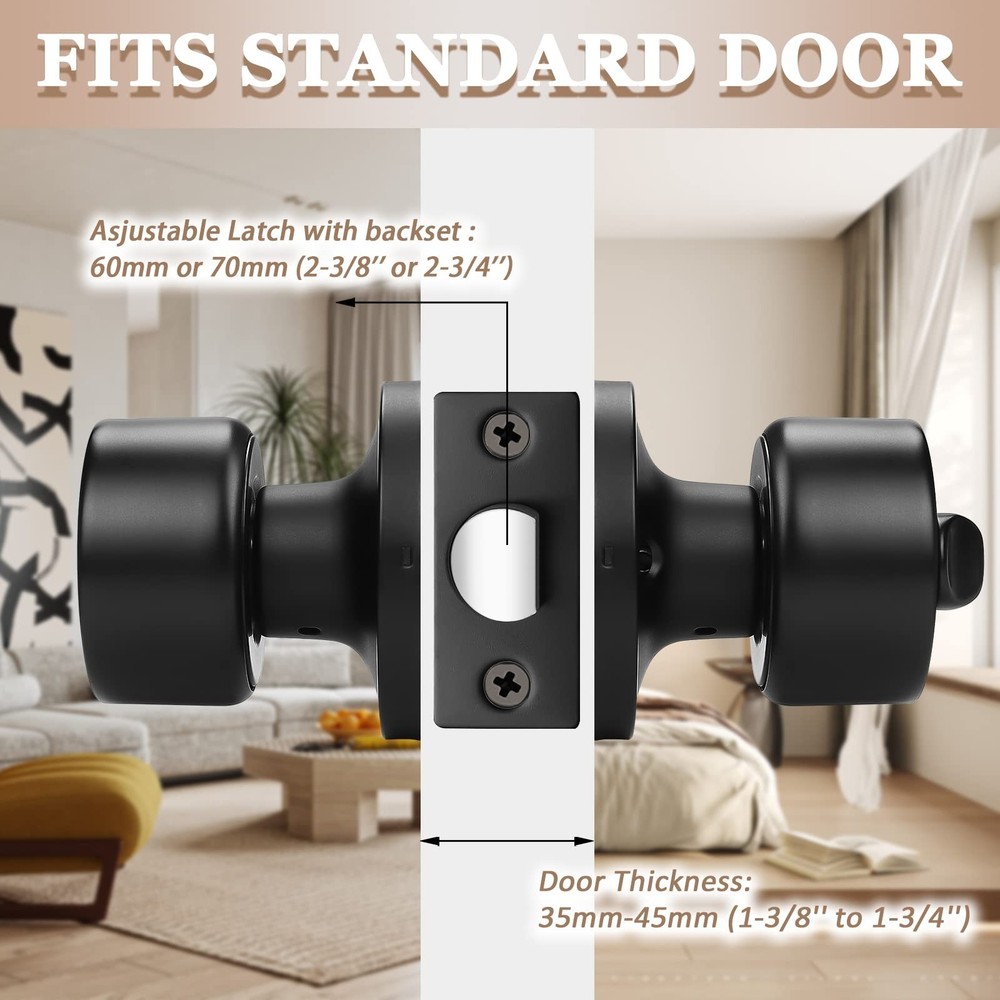 knobelite 3 Pack Door Knobs Privacy Function Keyless Lock Black Interior Roun...