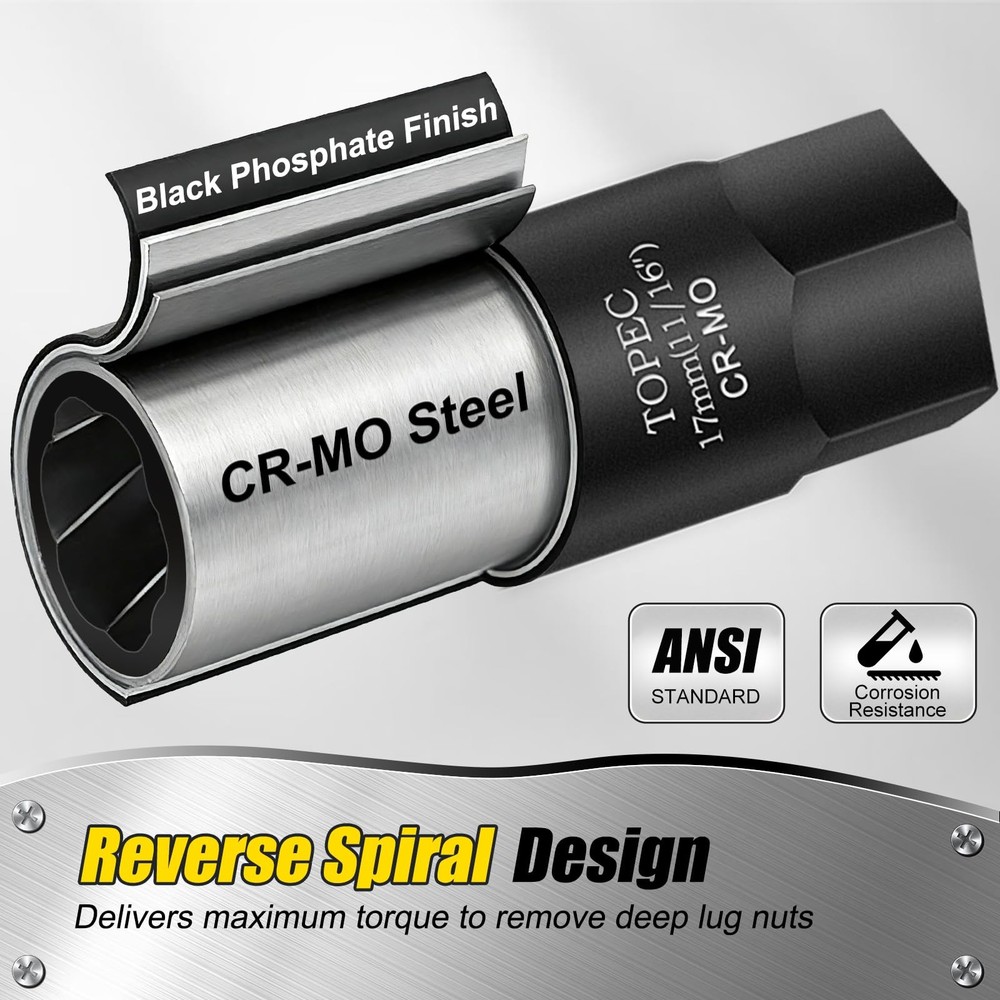 Topec 22MM Deep Lug Nut Extractor Socket - 1/2" Drive Stripped Bolt 22mm