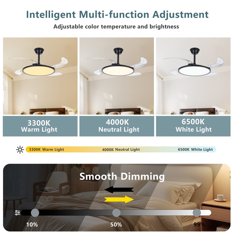 42" LED Ceiling Fan Light Dimmable 3CCT Retractable Blade w Remote & APP Control