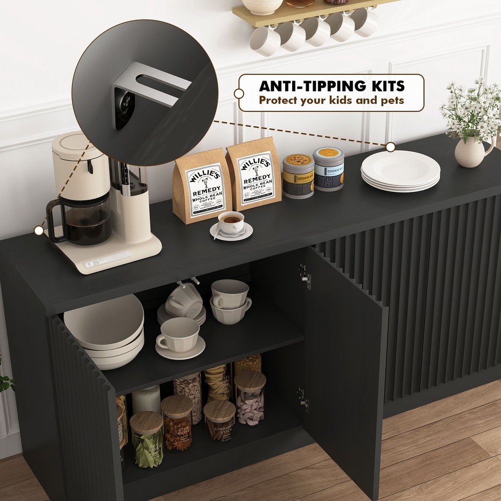 Fluted Sideboard with Storage 4 Doors & Adjustable Shelves Large Buffet Cabinet