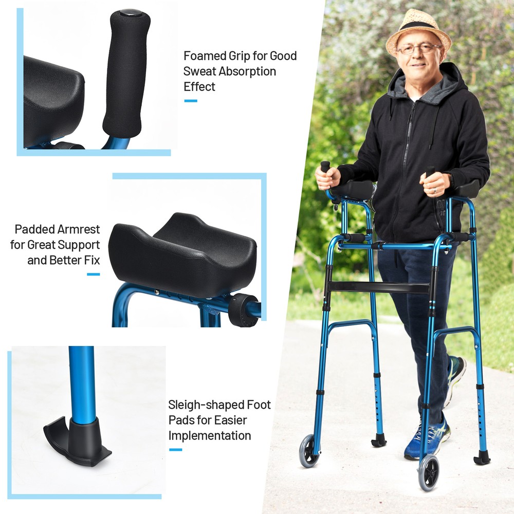 Folding Walker Adjustable Walking Frame Aluminum Walking Aid w/ Wheels Blue