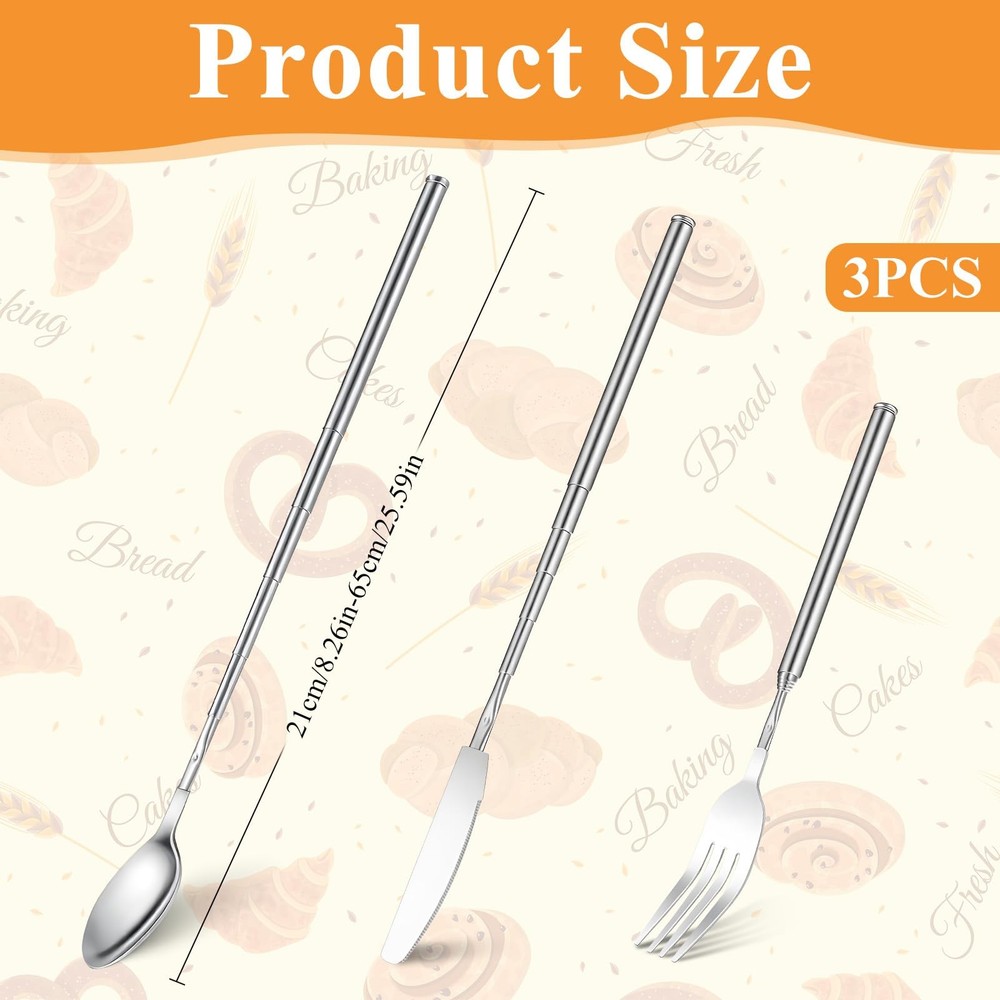 3 Pcs Extendable Fork, Knife and Spoon Set Stainless Steel Telescopic Tableware