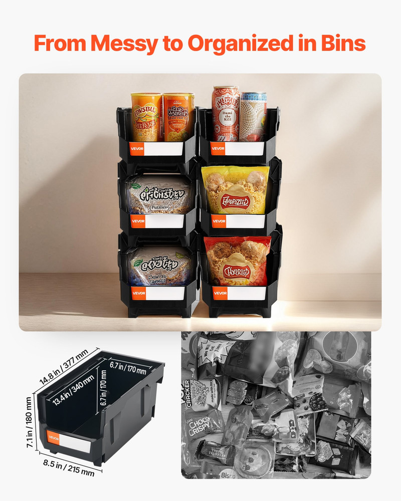VEVOR 6-Pack Stackable Storage Bins, 14.8x8.5x7.1", Black