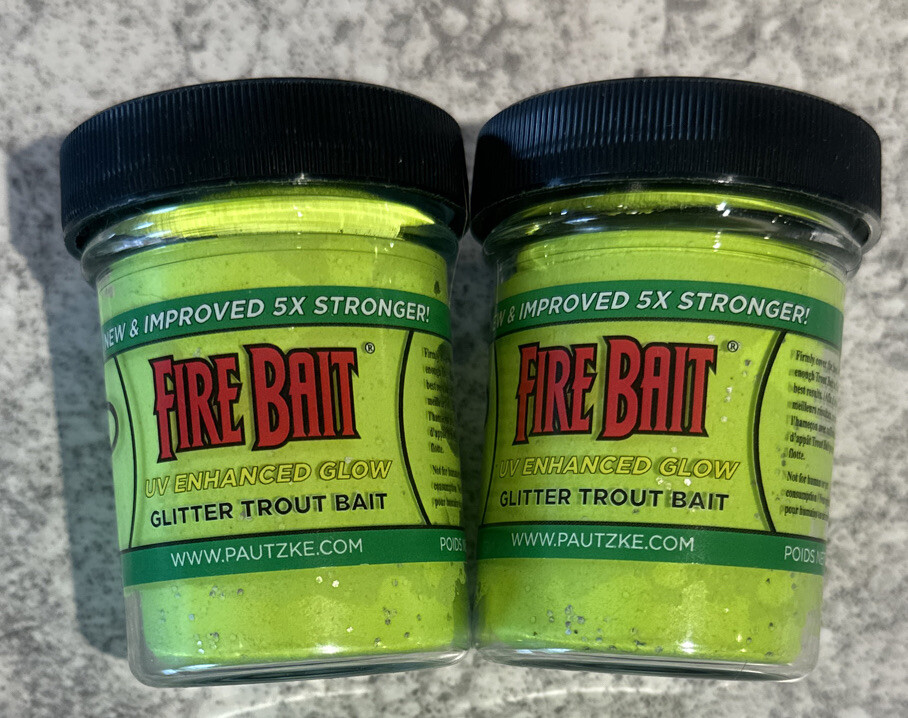 2 Jars Pautzke Fire Bait Glitter Trout Bait Chartreuse Garlic