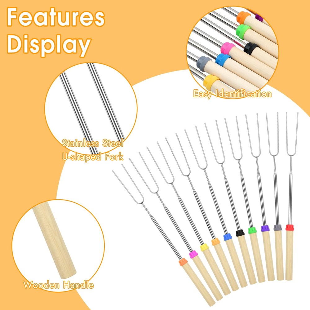 10 Pack Smores Sticks, 32 Inch Marshmallow Roasting Sticks Fire Pit, Extendable