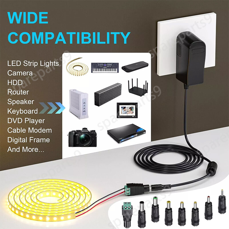 12V 2A Power Supply Regulated DC Power Adapter with 8 Tips, Charger Transformer