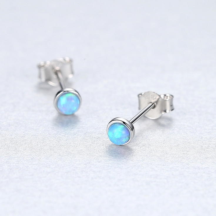 4mm Solid Sterling Silver 925 Round Blue Fire Opal Stud Earrings Gift PE39