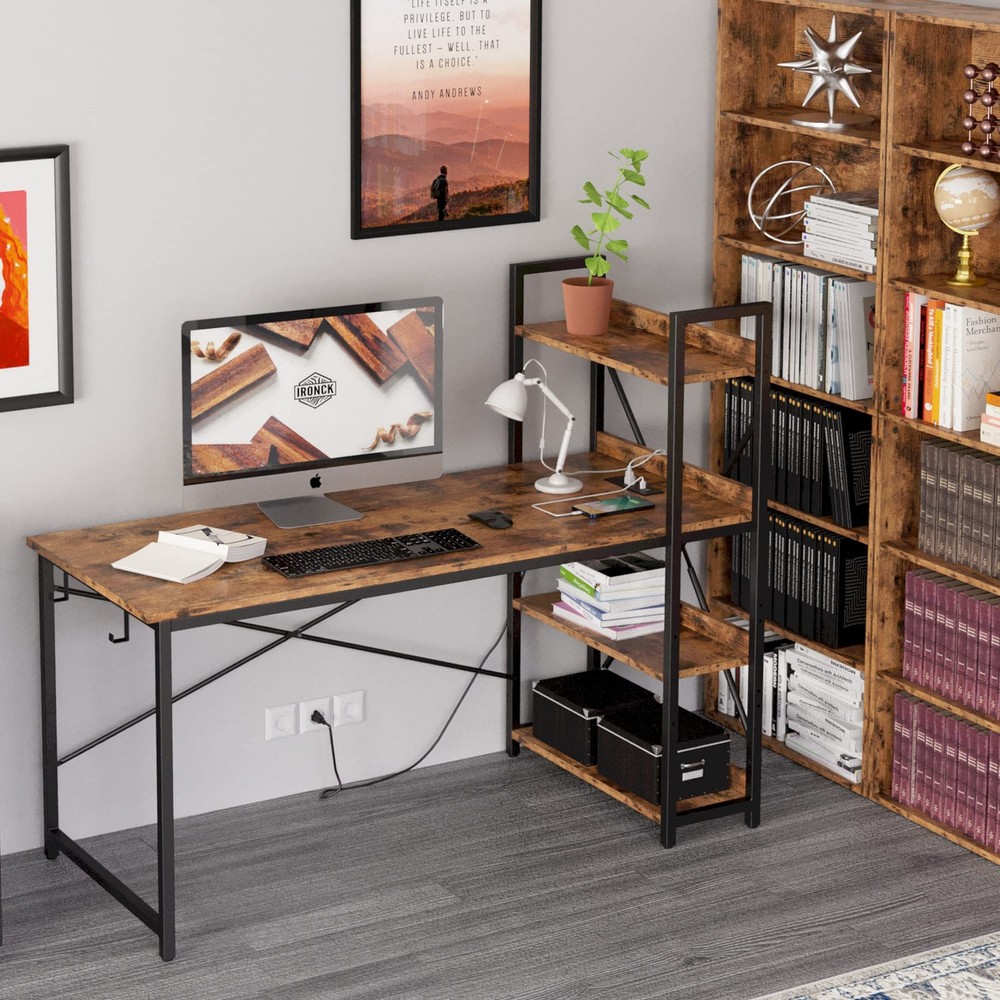IRONCK 55" Computer Desk w/ Power Outlet & Storage Shelves, Study Writing Table