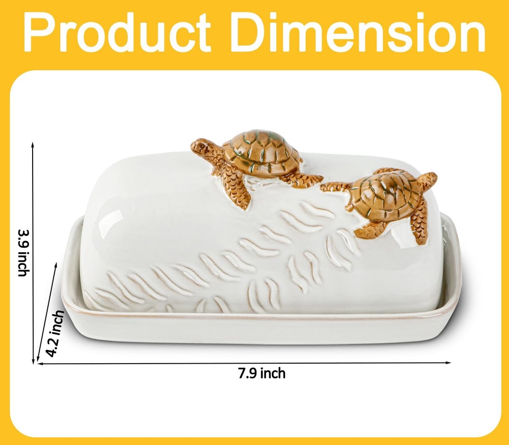 Turtle Stylish Ceramic Butter Dish Covered with Lid and Handle - Modern Count...
