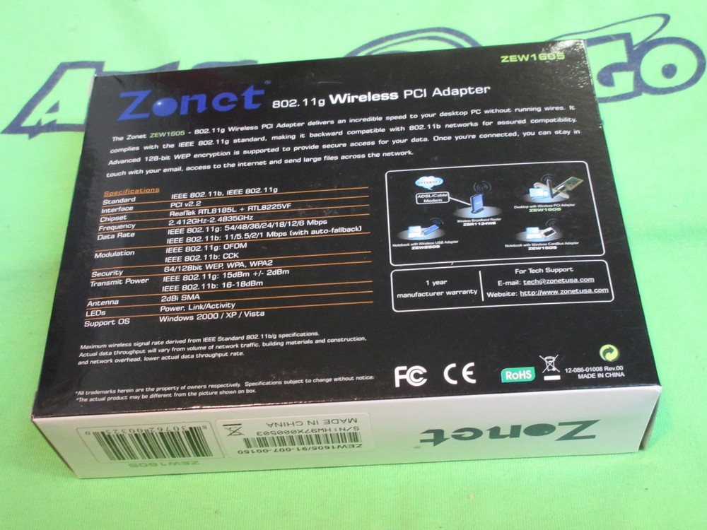 ZONET Wireless PCI Card Adapter- ZEW1605 - BOX