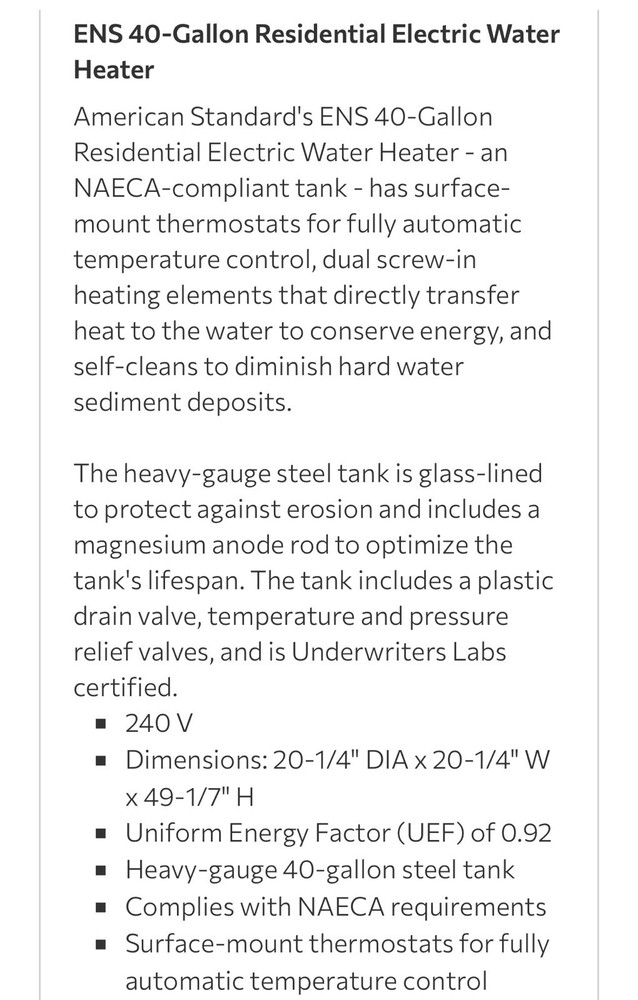 American Standard Water Heaters ENS40T-6