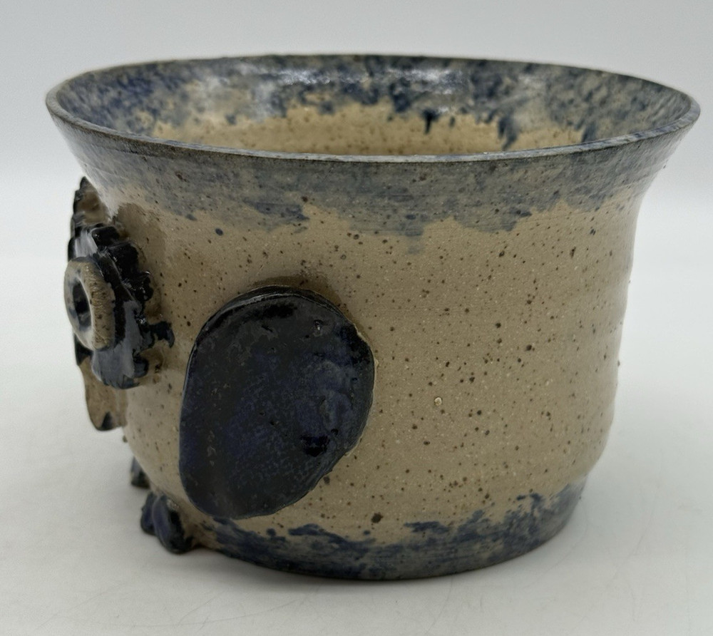 Pottery Handmade Owl Planter Pot Beige Blue Signed READ CHIP
