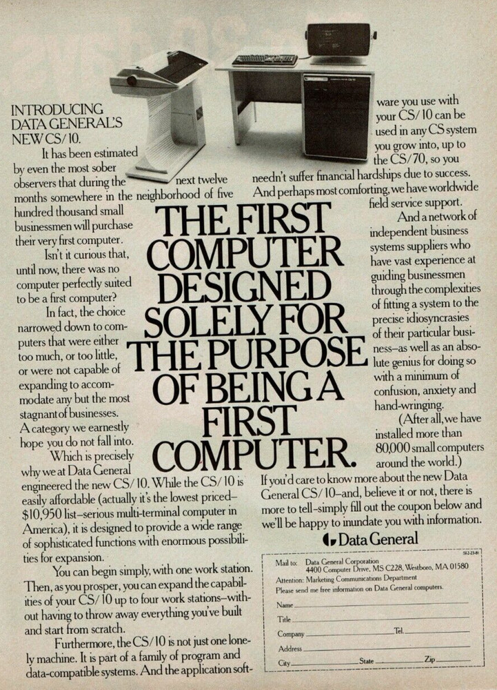 1981 Vintage Print Ad Data General CS/10 The First Computer Designed Solely For