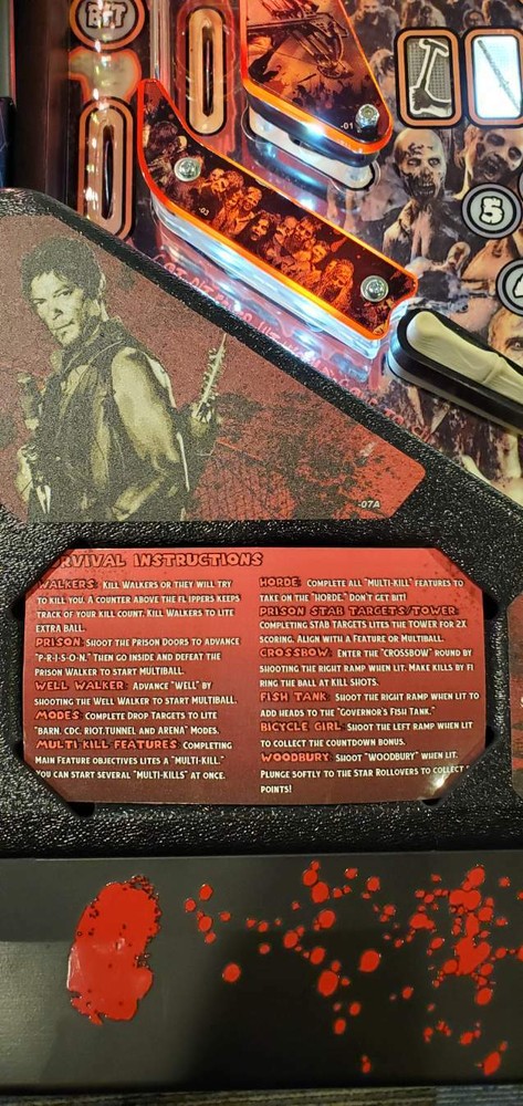 Stern Walking Dead Pinball Custom Apron Cards Set Instruction Rules Information