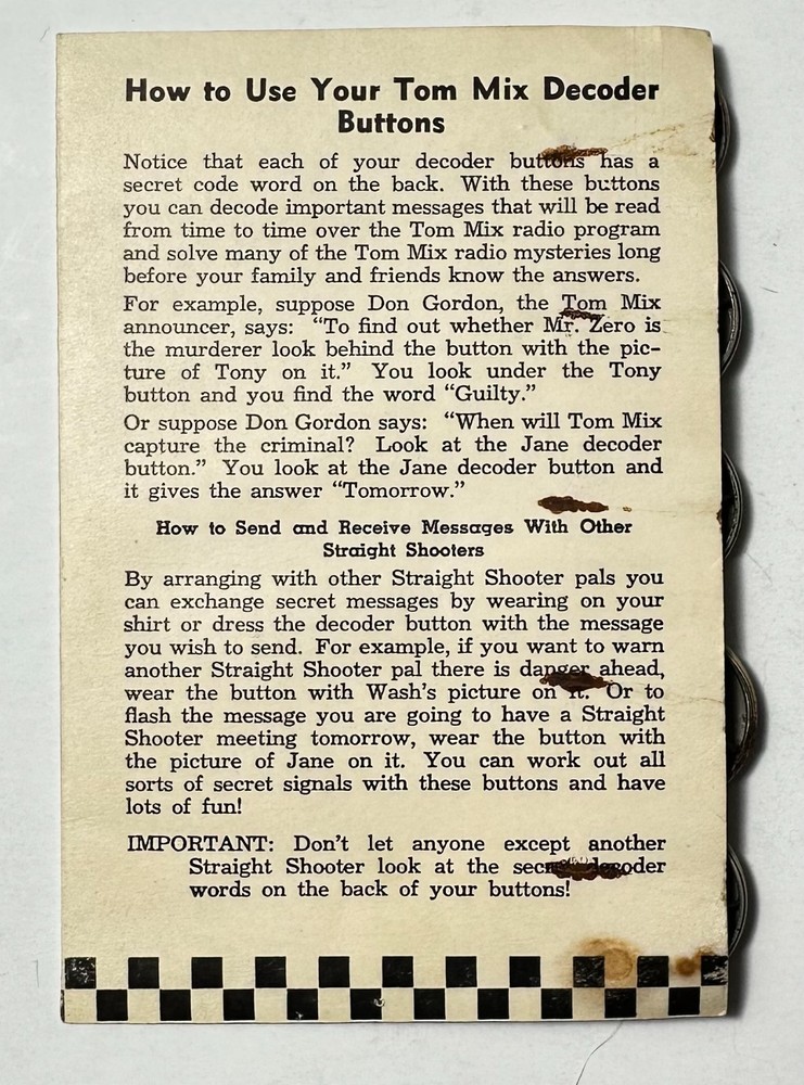 1946 Ralston Cereal, TOM MIX Straight Shooters Decoder Pins + Instructions Cover