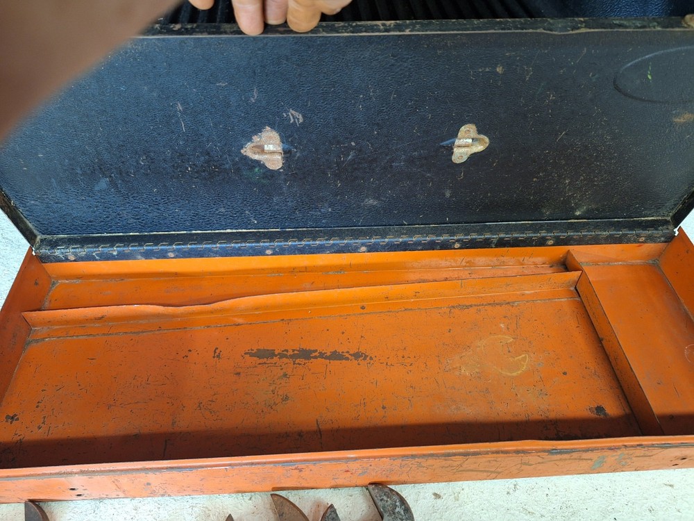 Vintage Williams metal toolbox with multiple Wrenches used