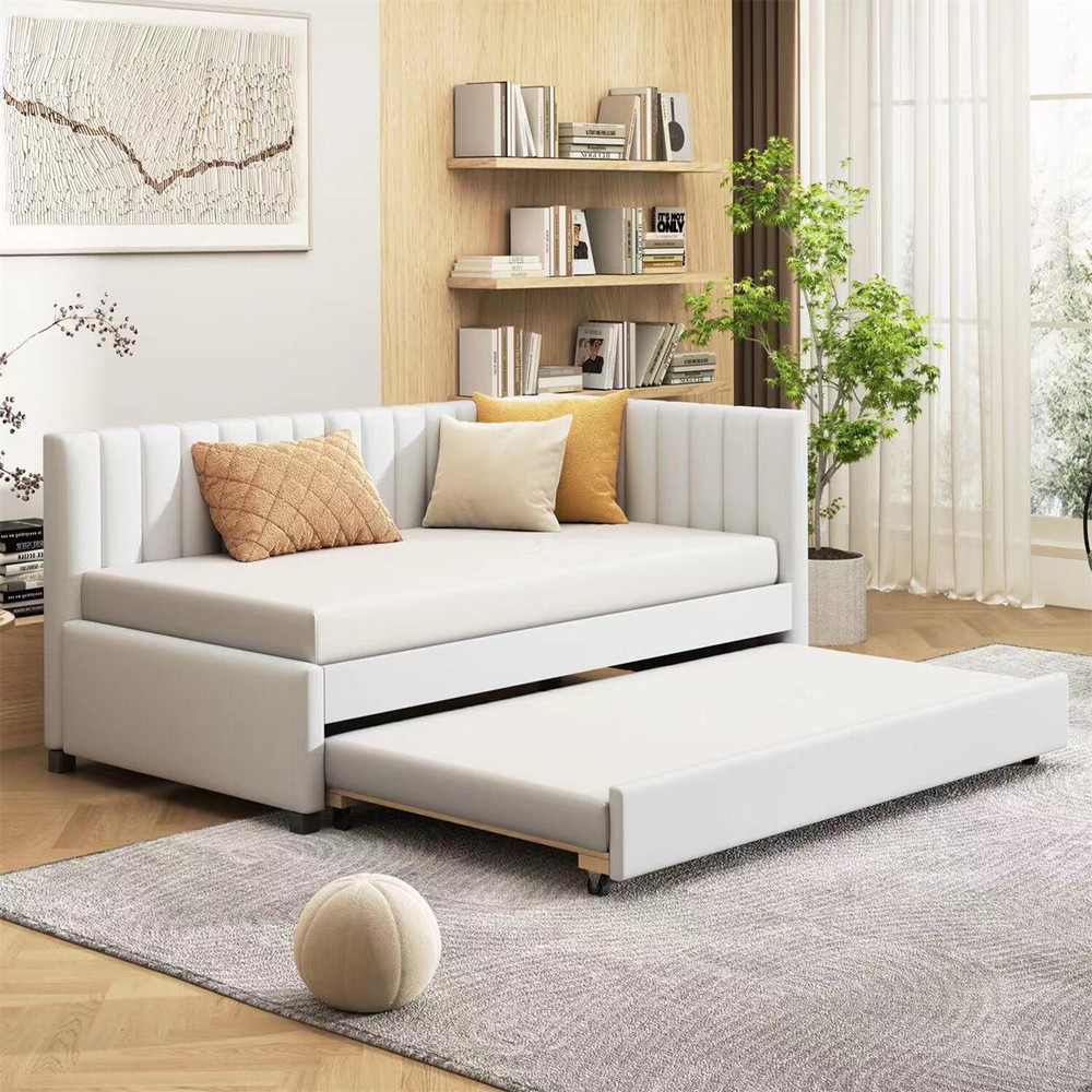 Twin Size Daybed w/ Pull Out Trundle Linen Upholstered Bed Frame Sofa Bed