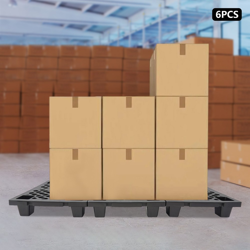 6pcs Plastic Pallets Interlocking Storage Stackable Anti-slip Pallets Black