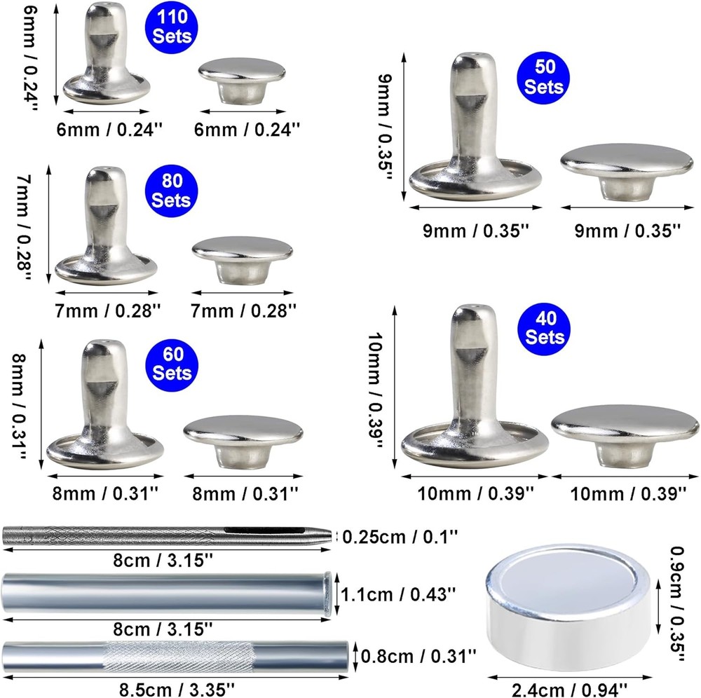 340 Sets Silver Double Cap Leather Rivets Kit Mixed Sizes with Crafting Tool