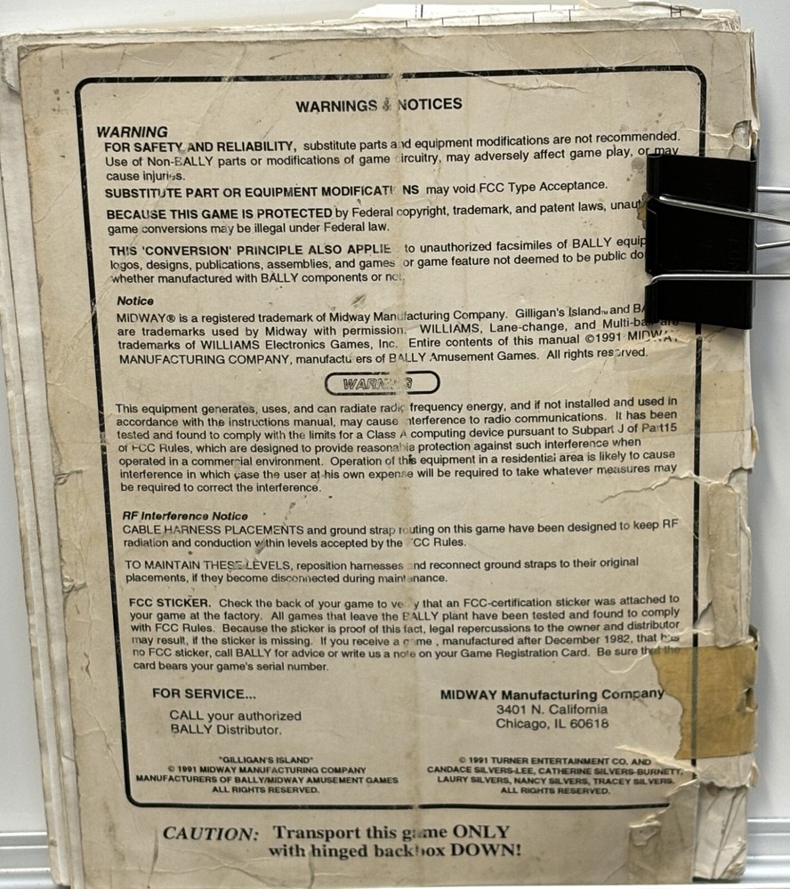 ORIGINAL-BALLY-GILLIGAN'S ISLAND-OPERATIONS MANUAL