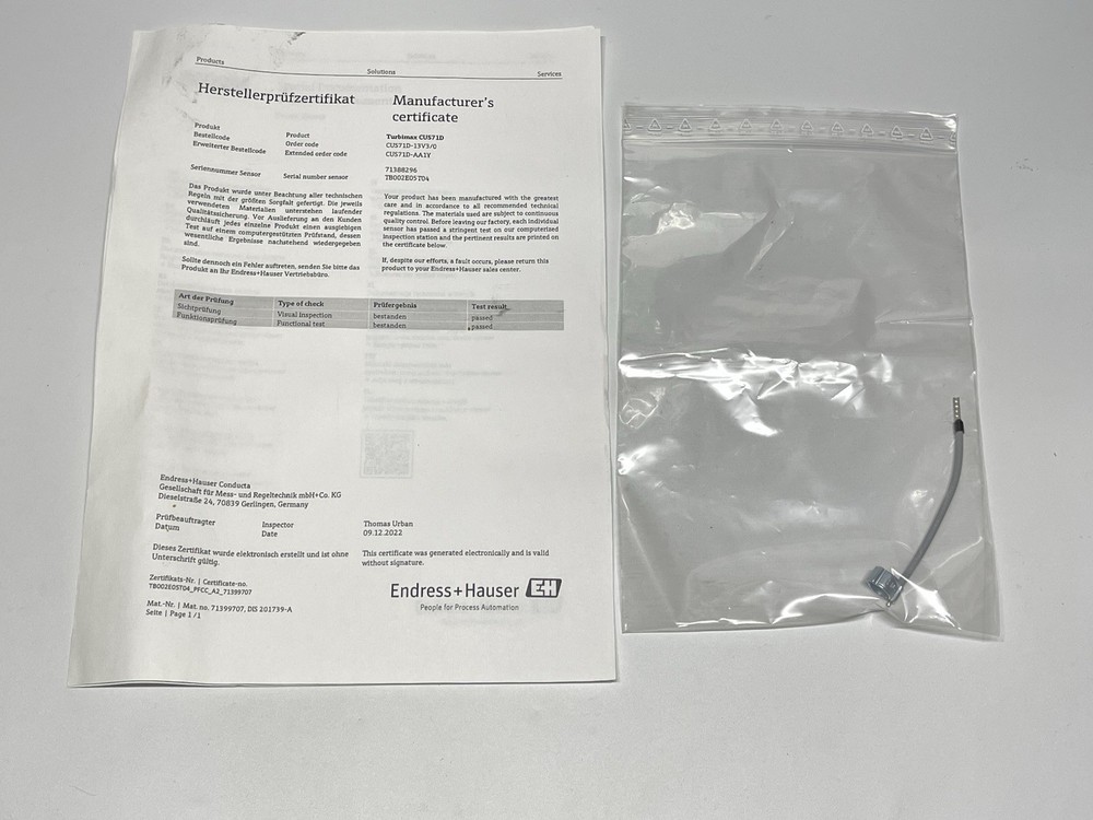 Endress + Hauser Turbimax CUS71D Memosens Ultrasonic Interface Sensor 100M Cable