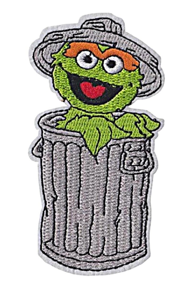 Oscar the Grouch Trash Can 4" Tall Embroidered Iron on Patch