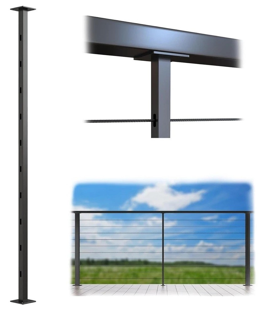 Black Aluminum Intermediate Cable Railing Post 36" Surface Mount w/ Flat Bracket