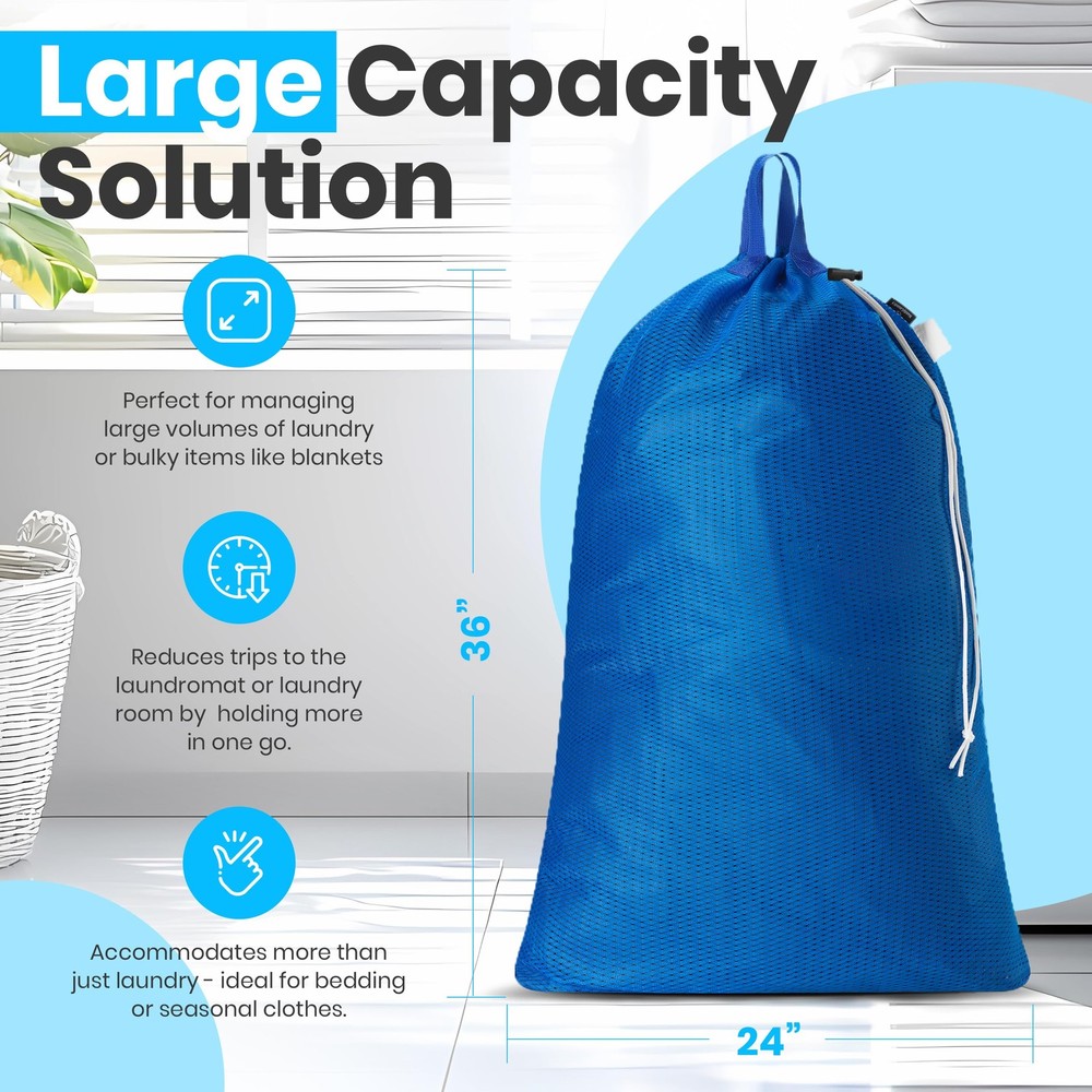 2 Pack Large Mesh Laundry Bags Heavy Duty Handles Drawstring Blue Sack