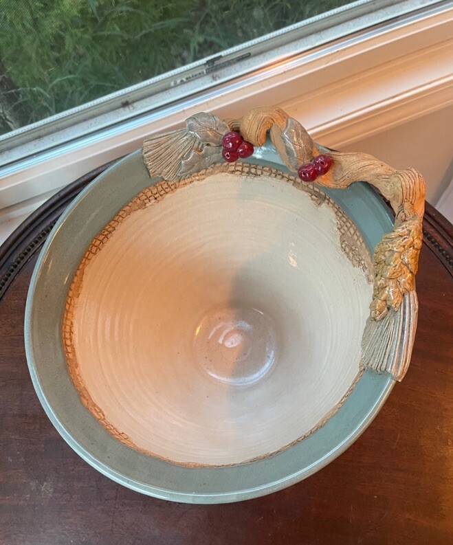 Handmade Holly Berry Pinecone Pottery Bowl Signed