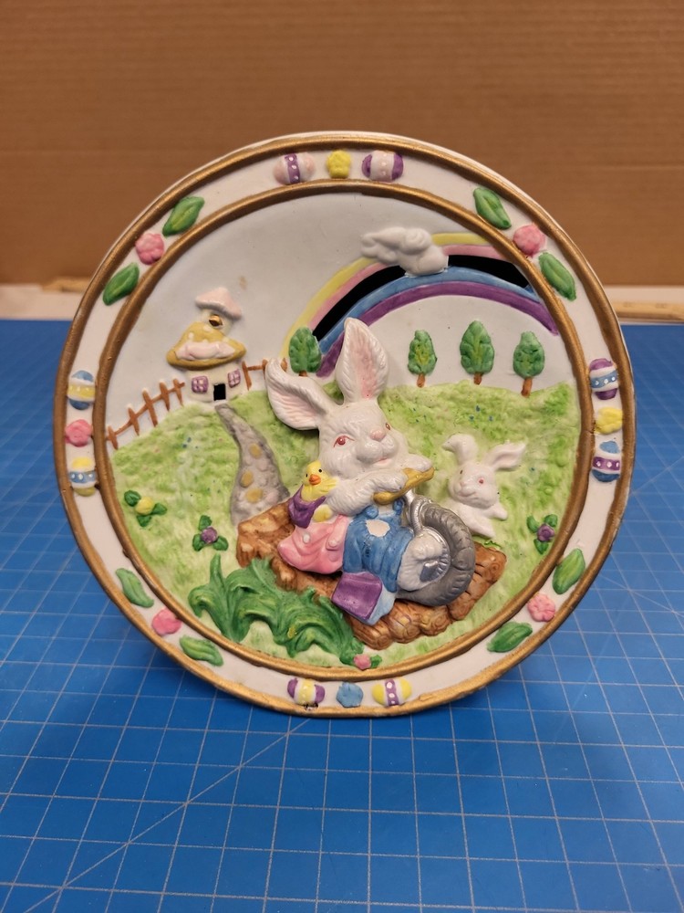Vintage Easter Bunny Rabbit Plate 3D Relief Spring Decor Ceramic Display 6 inch